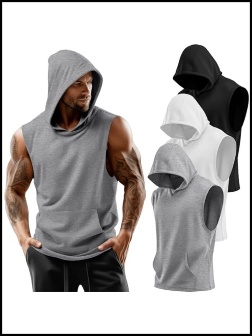 Men's Workout Hooded Tank Tops 3 Pack Sleeveless Gym Hoodie